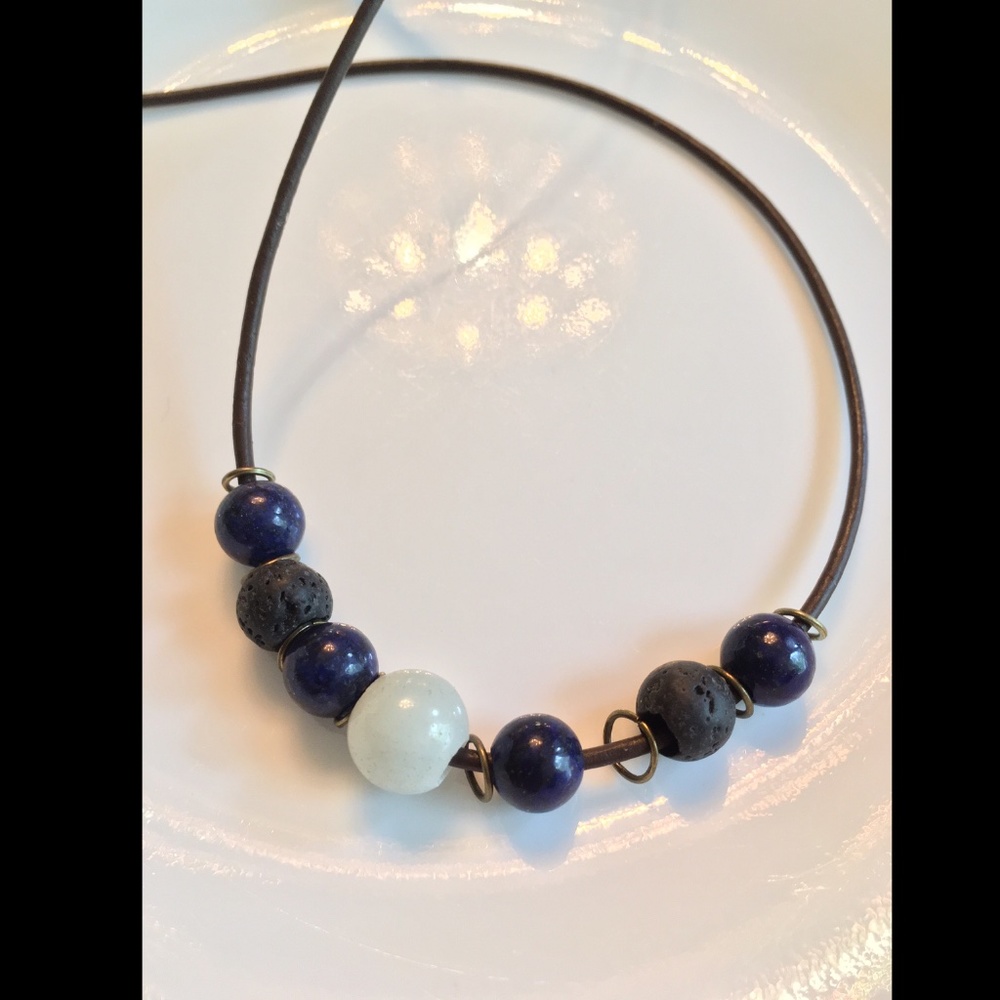 ARTISAN Leather Amazonite Lapis and Lava Beads 24” Necklace - Picture 4 of 5